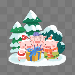 圣诞手绘动物图片_2019年猪年手绘三只小猪春节插画