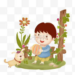 卡通小清新小狗图片_童话世界小男孩的快乐花园