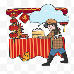 春节黄色灯笼图片_春节旅游人物和食物插画