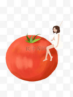 坐在番茄上的女孩插画元素