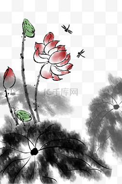 莲水墨画图片_水墨国画莲花手绘插画