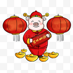 灯笼恭喜发财猪年图片_2019猪年新年祝福系列卡通手绘Q版