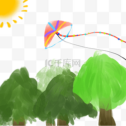 彩色植物大树放风筝元素