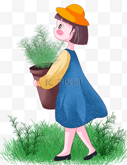 植树节的小女孩图片_植树节抱着花盆走路的小女孩