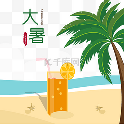 沙滩大海海报图片_大暑沙滩上椰树冷饮