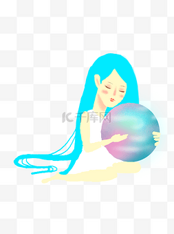 女孩唯美插画图片_水彩绘抱着星球的女孩设计