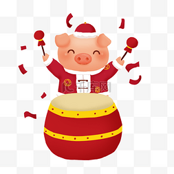 新年小猪红色图片_新年小猪之可爱小猪打鼓png透明底