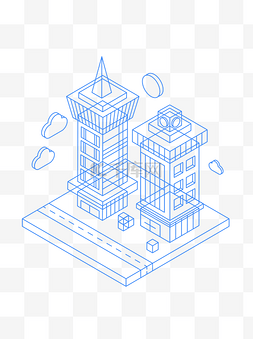 矢量等距立体2.5D蓝色线性城市建