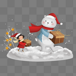 圣诞节北极熊和拿礼物的小女孩