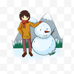 冬季旅游卡通男孩堆雪人手绘插画
