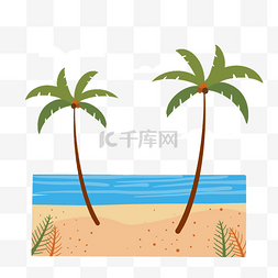 海边沙滩上的两颗椰子树