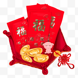 新年手绘红包图片_新年物品红包元宝猪中国结手绘插