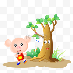 插画树下图片_猪猪树下唱歌卡通形象
