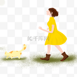 黄色裙子的女孩在溜狗免抠图