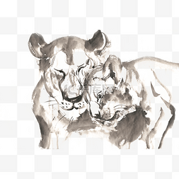 窃窃私语的狮子水墨画PNG免抠素材