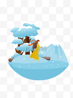 冰雪世界素材图片_手绘卡通蓝色的冰雪世界和黄衣服