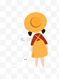 旅人背影图片_手绘卡通小白猫和戴黄色帽子女孩