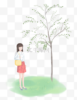 插画树下图片_女孩在树下等风来