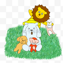 卡通动物小狮子图片_卡通动物世界狮子小熊草地玩耍