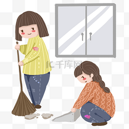 小年亲情母女合作扫地