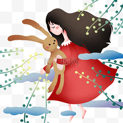 兔子抱着小兔子图片_抱着小兔子睡觉的女孩插画