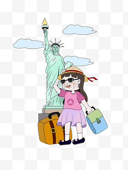 手绘自由女神像图片_假期女孩美国自由女神像旅游插画