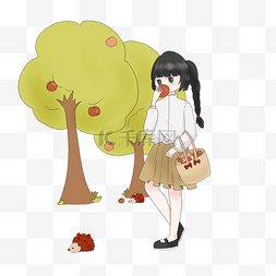 秋季卡通女孩吃苹果人物插画