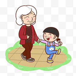 散步的熊图片_卡通老奶奶和孙子公园散步png透明