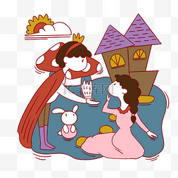 手绘草地花朵矢量图片_手绘卡通可爱梦幻童话公主王子