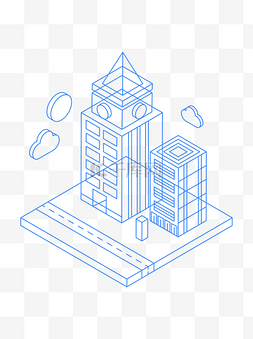 城市建筑线条蓝色图片_矢量等距立体2.5D蓝色线性城市建