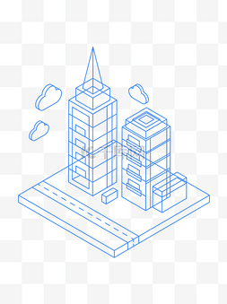 矢量等距立体2.5D蓝色线性城市建