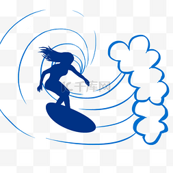 夏日海洋蓝色浪花女人冲浪手绘图