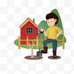 小房子插画ai图片_植树节拿着铁锹种树的男孩