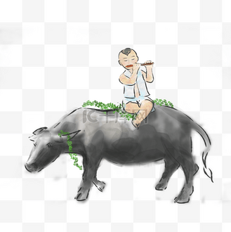 牛背上的牧童图片素材_清明节牧童水牛吹笛子
