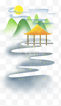 大山元素图片_中秋节简单风月亮和亭子
