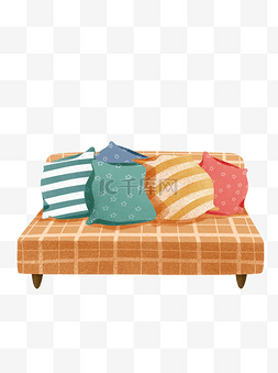 家居床图片_手绘一张床和抱枕肌理设计可商用