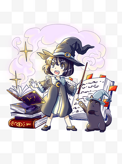 手绘魔法图片_可商用人物女孩猫书籍阅读学习魔