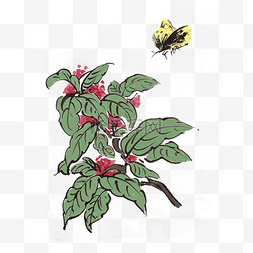 黑白古风插画图片_水墨花卉蜜蜂插画素材