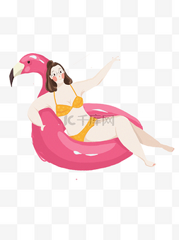 手绘卡通夏季游泳插画设计图片_小清新坐在游泳圈里的女孩插画设