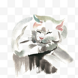 墙头睡觉的小猫水墨画PNG免抠素材