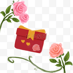 粉红色的玫瑰花红色的礼品盒美丽