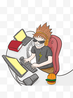 正在玩电脑的学生图片_卡通男孩玩电脑游戏元素