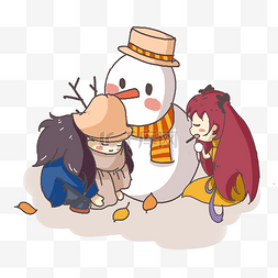 两个可爱的美女堆雪人卡通插画