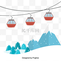 冬天植物手绘图片_手绘卡通观光雪山缆车插图