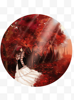 红叶枫叶树下少女写生长裙飘逸红