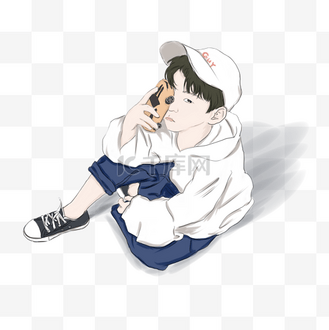 卡通手绘拿汽车的小男孩