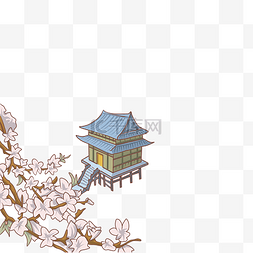 古风桃花图片_古代建筑房屋房檐瓦插画