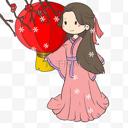 过年聚会插画图片_新年红灯笼小女生迎新年手绘插画