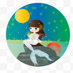 坐在月亮上的女人图片_坐在石头上赏月的美人鱼免抠图