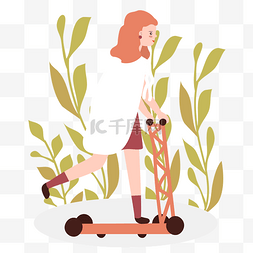 卡通插画风骑滑板车的女孩